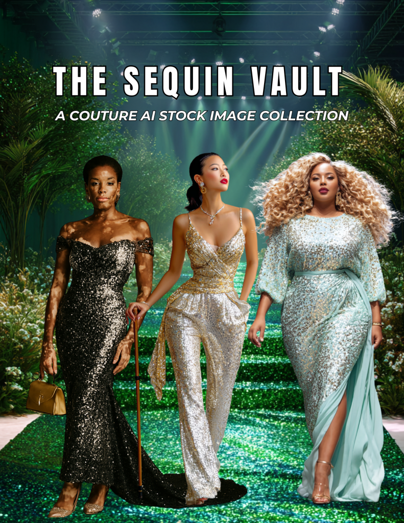 Elegant models in sequin couture, "The Sequin Vault" collection.