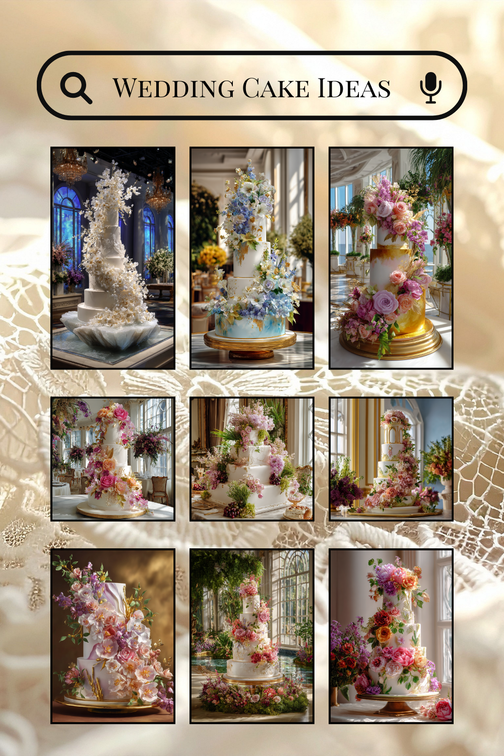 Collage of elegant wedding cake ideas with floral decorations.
