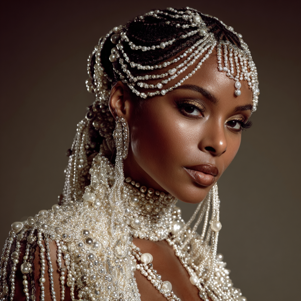 Woman with pearl-adorned headpiece and jewelry. Elegant portrait.