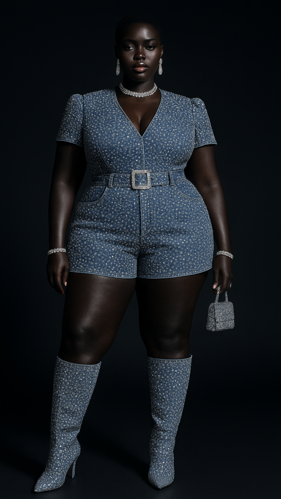 Woman in denim romper, boots, and jewelry.