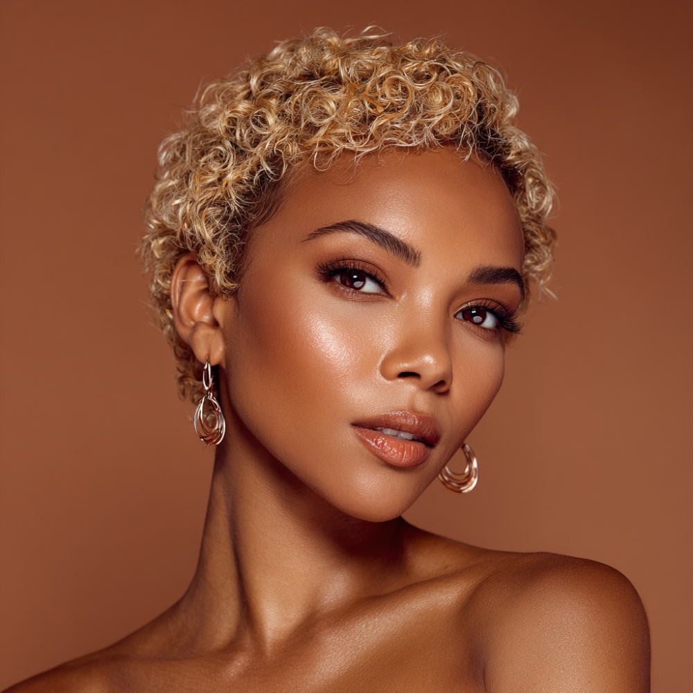 Portrait of a beautiful Black woman with blonde curly hair and glowing skin.