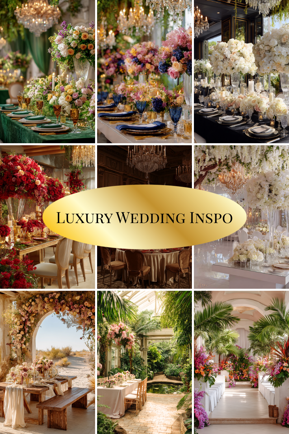 Luxury wedding inspo collage featuring elegant floral centerpieces and table settings.