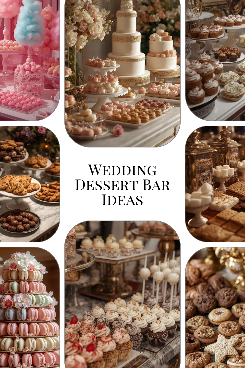 Wedding dessert bar ideas: Elegant cakes, cupcakes, cookies, and macarons.