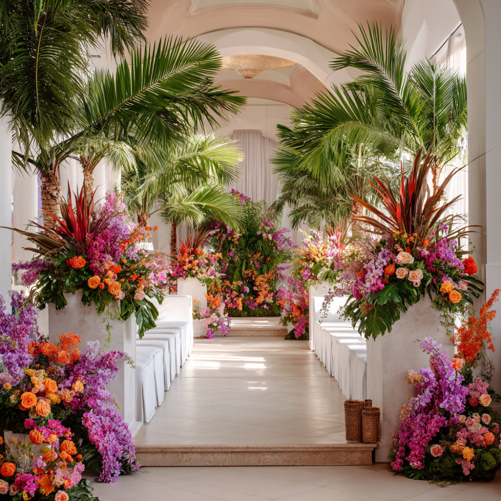 Tropical wedding aisle with flowers and palm trees. Wedding Gallery.