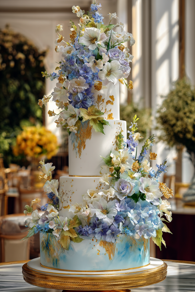 Elegant four-tier wedding cake with blue and white floral decorations.