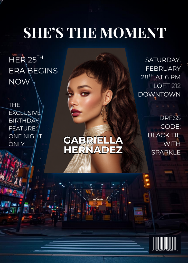 Event poster: Gabriella Hernandez's 25th birthday party, black tie with sparkle dress code.