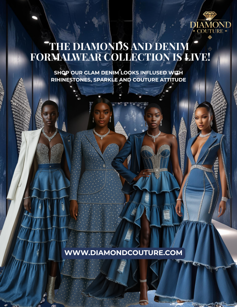 Diamond Couture's denim formalwear collection. Glam denim dresses with rhinestones. WWW.DIAMONDCOUTURE.COM