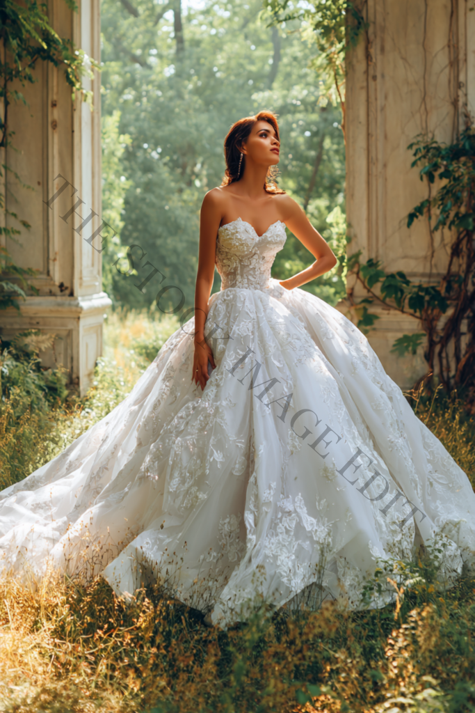 Woman in an ornate white wedding gown stands in a sunlit garden with stone archways.