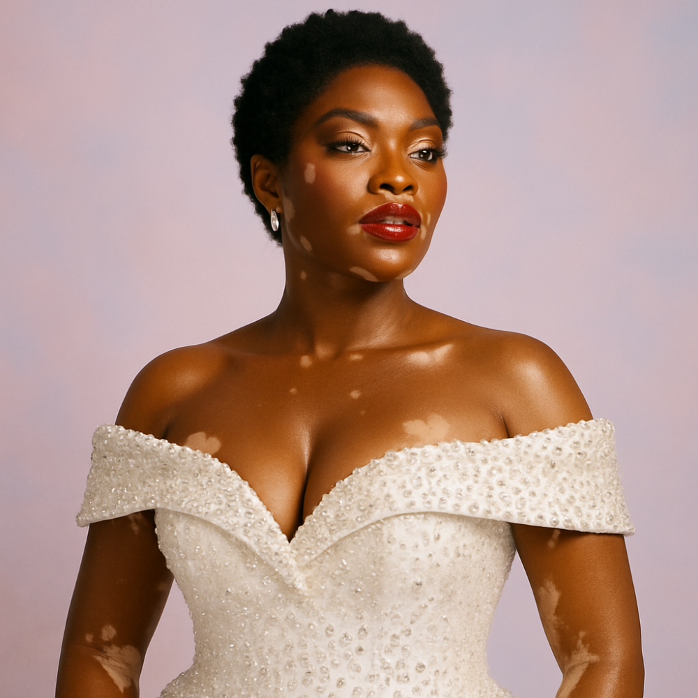 Woman with vitiligo wearing an off-the-shoulder beaded wedding dress and red lipstick.