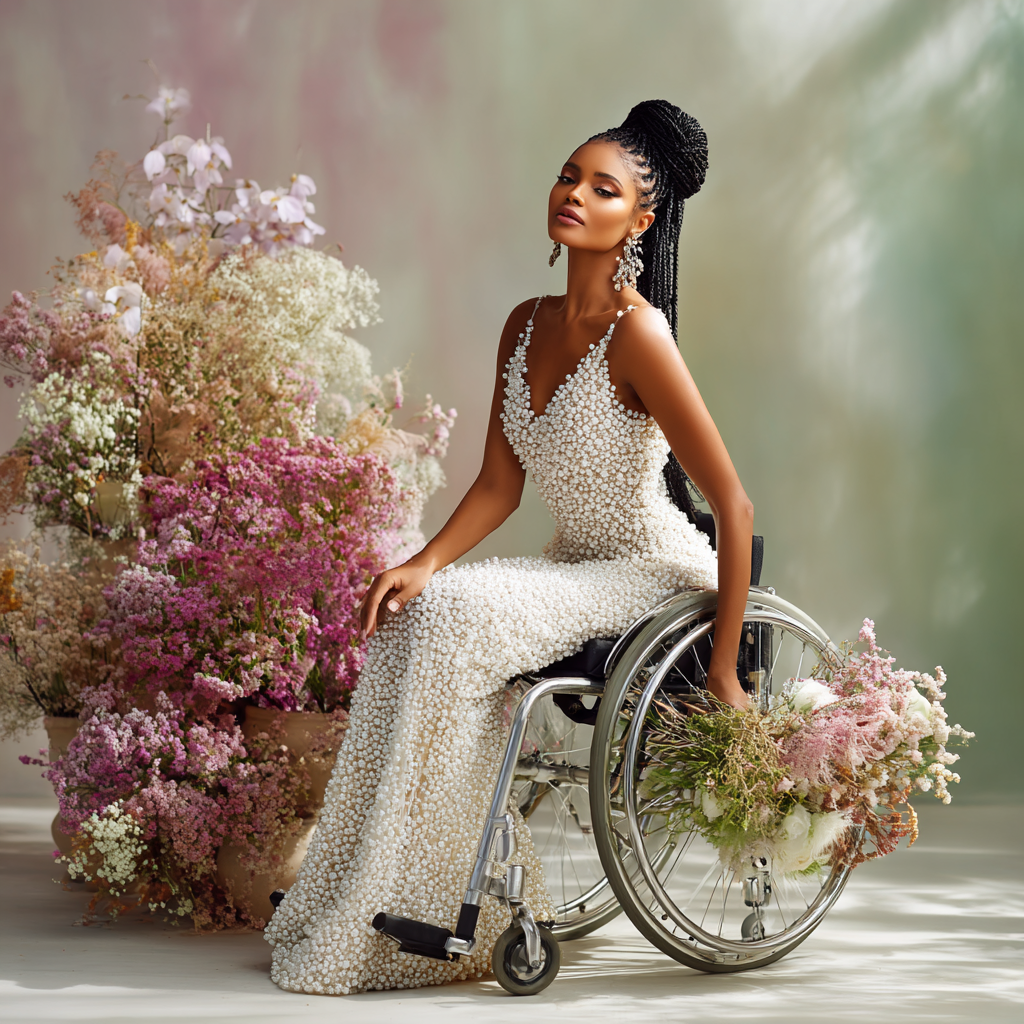 Elegant Black bride in wheelchair wearing pearl gown, holding bouquet. Bridal Gallery.