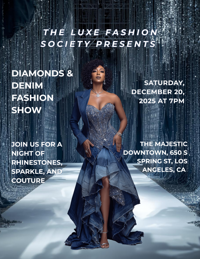 Fashion show poster: Diamonds & Denim, December 20, 2025. Couture design.