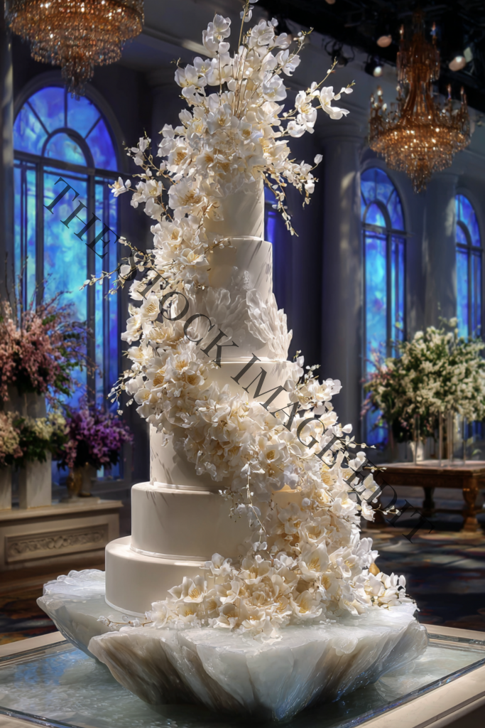 Elegant white wedding cake cascading with sugar flowers, opulent ballroom setting.
