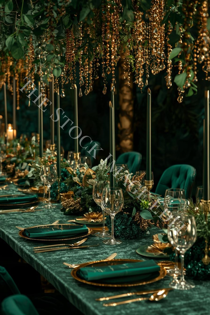 Elegant emerald and gold table setting with tall candles and crystal chandelier.