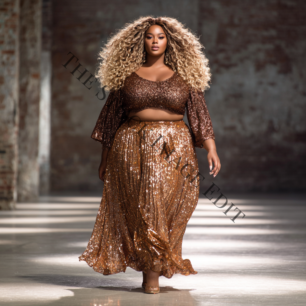 Woman in bronze sequin top and skirt with voluminous blonde curly hair.