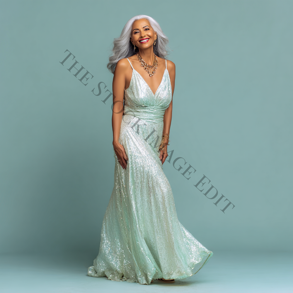 Elegant older woman with gray hair in a shimmering gown, smiling confidently.