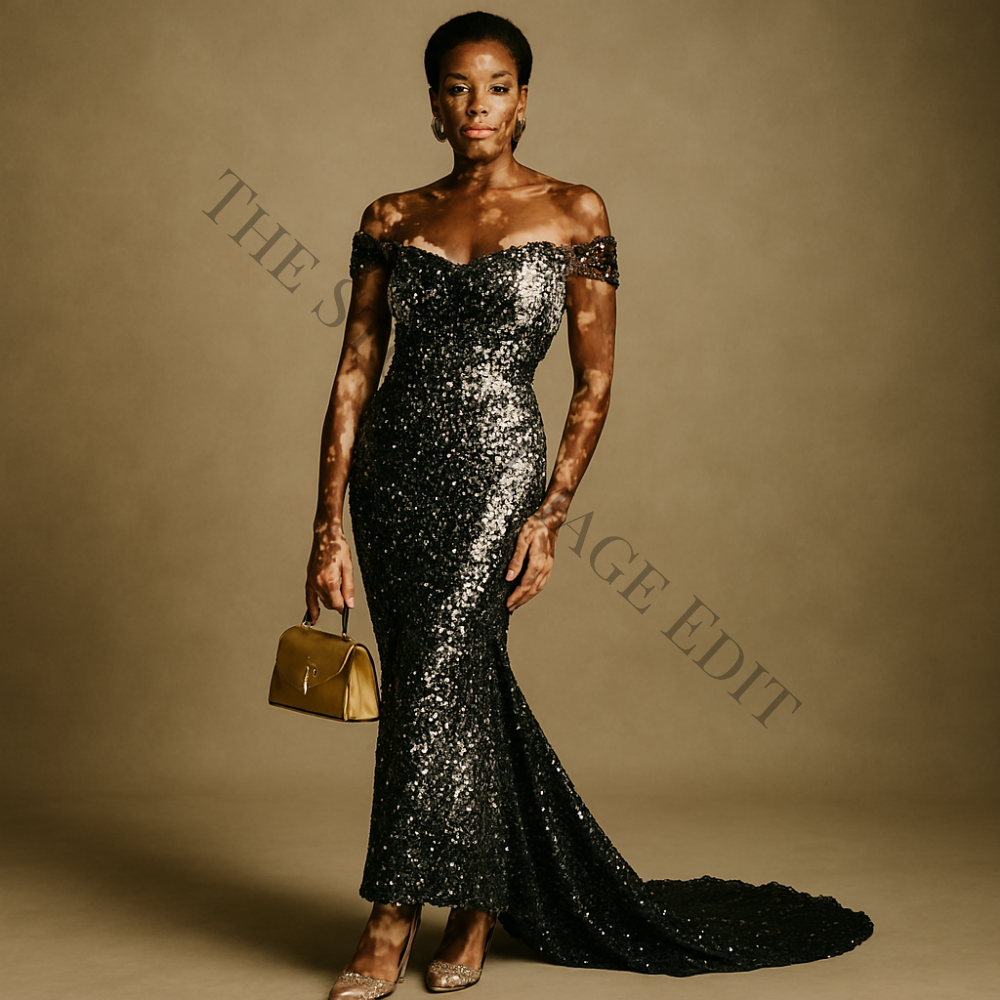 Woman in elegant sequin gown with vitiligo, holding gold purse and wearing gold heels.