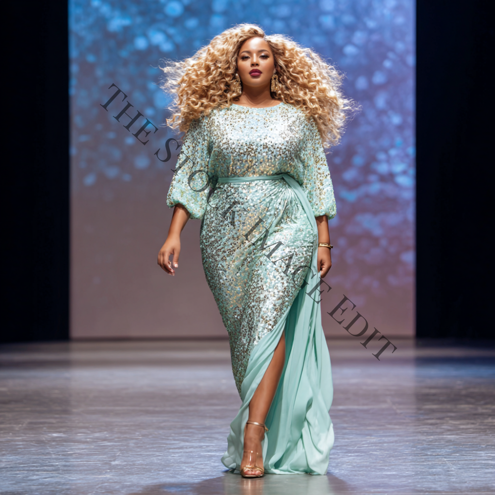 Woman in a sequined mint-green dress with a thigh-high slit walking confidently on a runway.