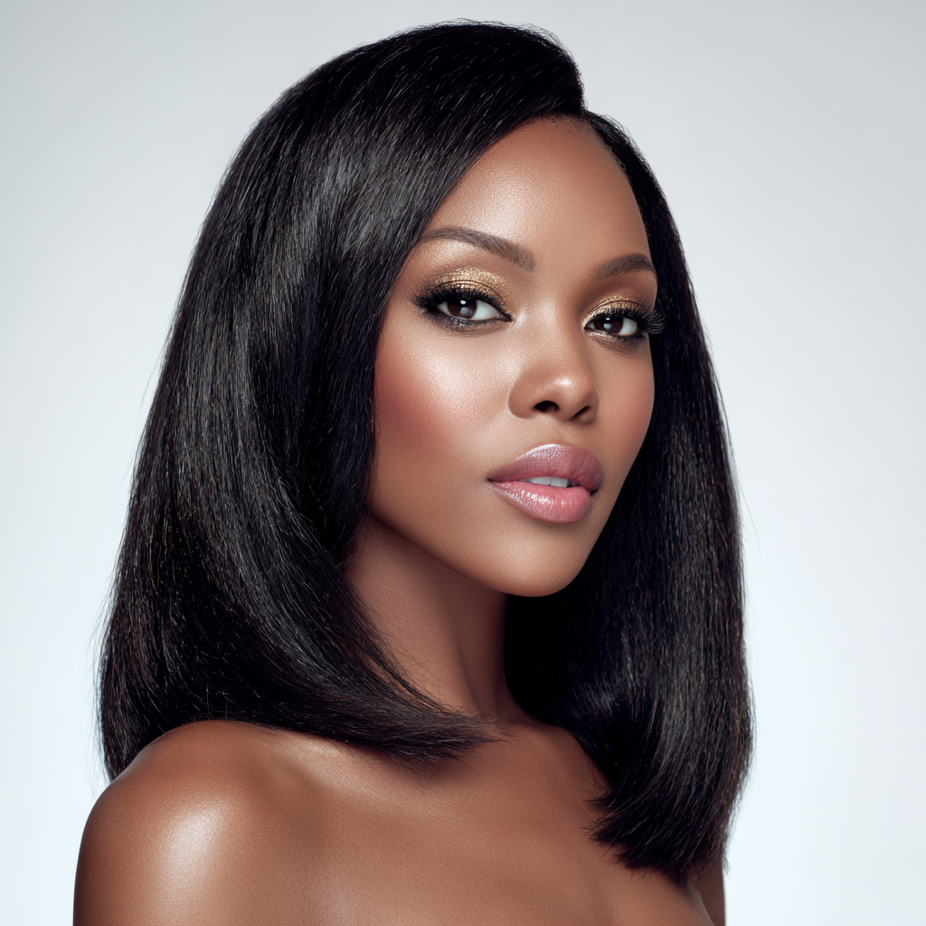 Beautiful Black woman with sleek, straight hair and golden eye makeup.