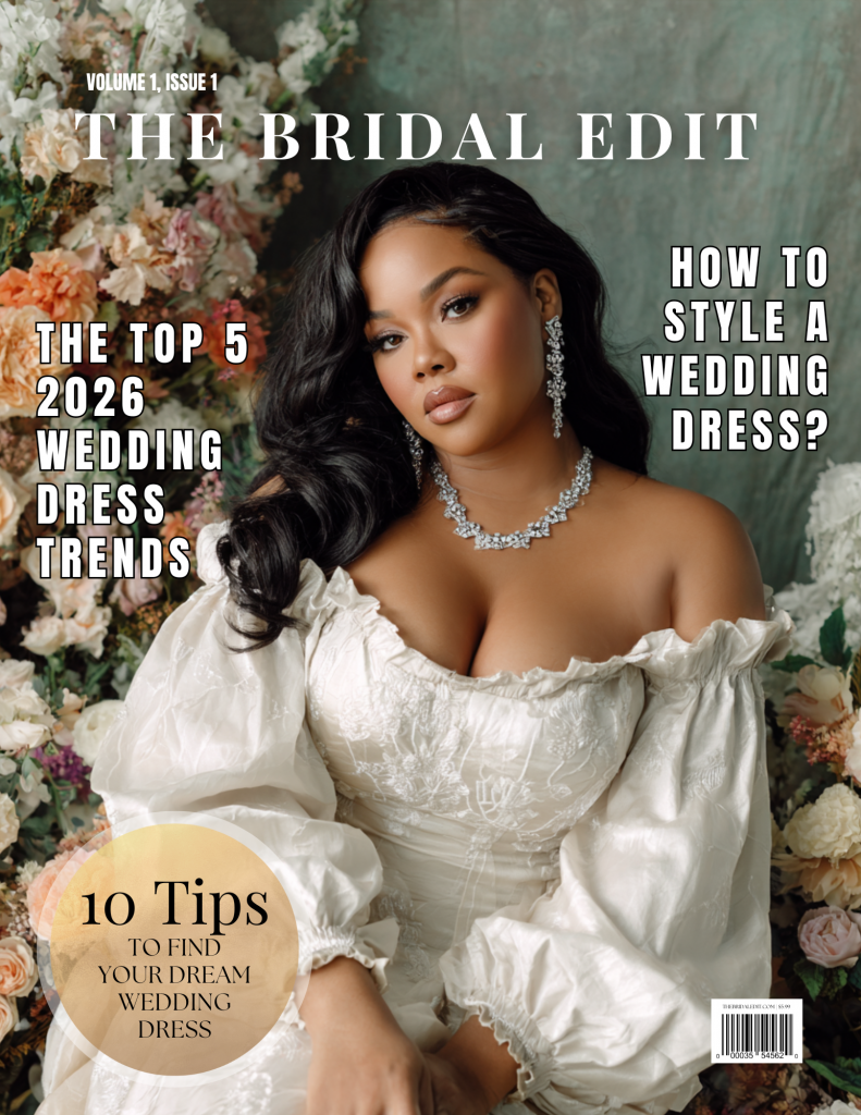 Bridal magazine cover: "The Top 5 2026 Wedding Dress Trends.