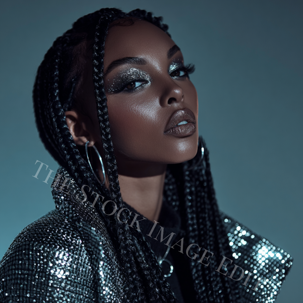 Woman with braided hair, silver jacket, and glittery makeup looks up.
