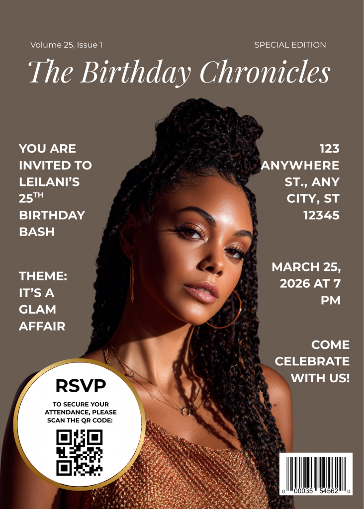 Magazine cover invitation for Leilani's 25th birthday bash. Glam affair theme, March 25, 2026.