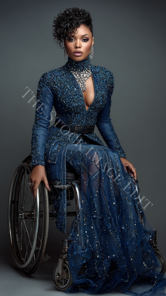 Woman in wheelchair wearing a stunning blue embellished gown.