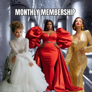 Three women in glamorous dresses with monthly membership text