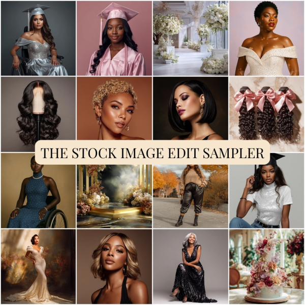 Collage featuring women in various styles, wigs, wedding and graduation scenes, floral decor, and cakes, with “The Stock Image Edit Sampler” text in the center.