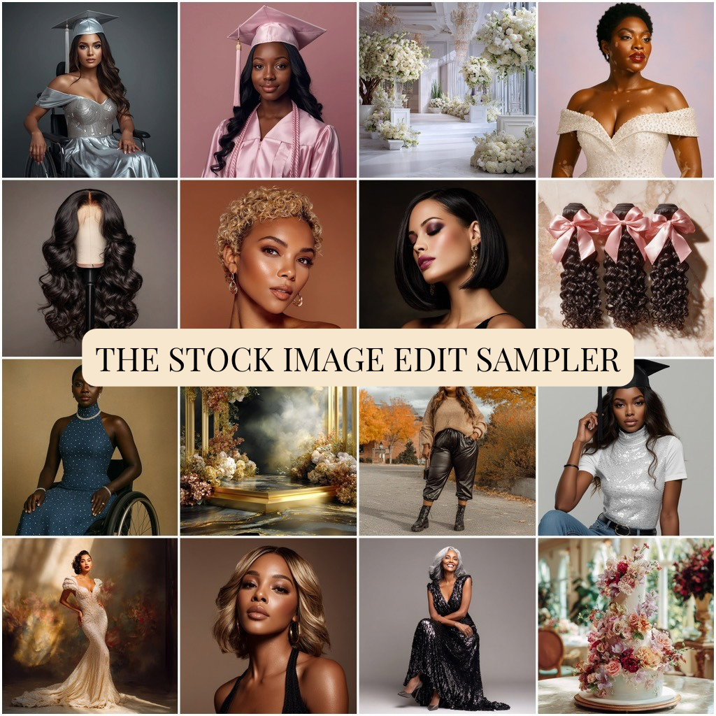 Collage featuring women in various styles, wigs, wedding and graduation scenes, floral decor, and cakes, with “The Stock Image Edit Sampler” text in the center.